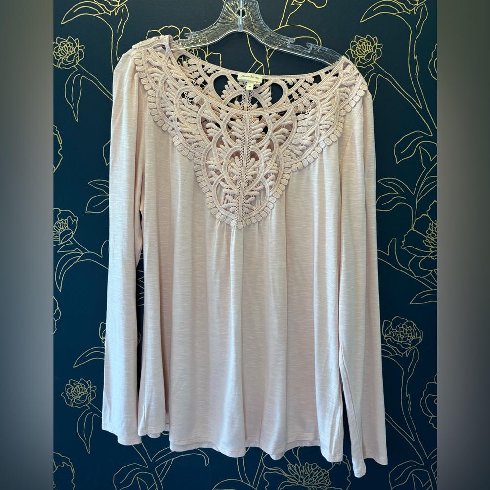 ANTHROPOLOGIE long sleeve MEADOW RUE lightweight CROCHET LACE blush pink TOP XL